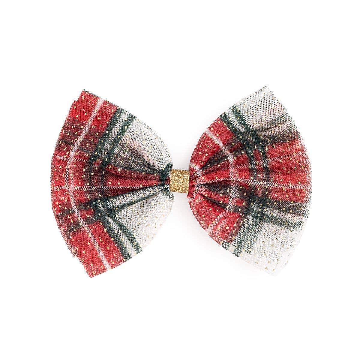 Holiday Plaid Tulle Bow Clip