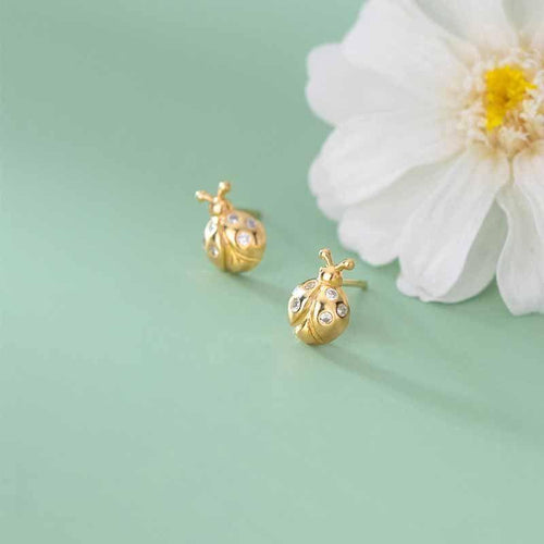 animal golden cz ladybird 925 sterling silver stud earrings